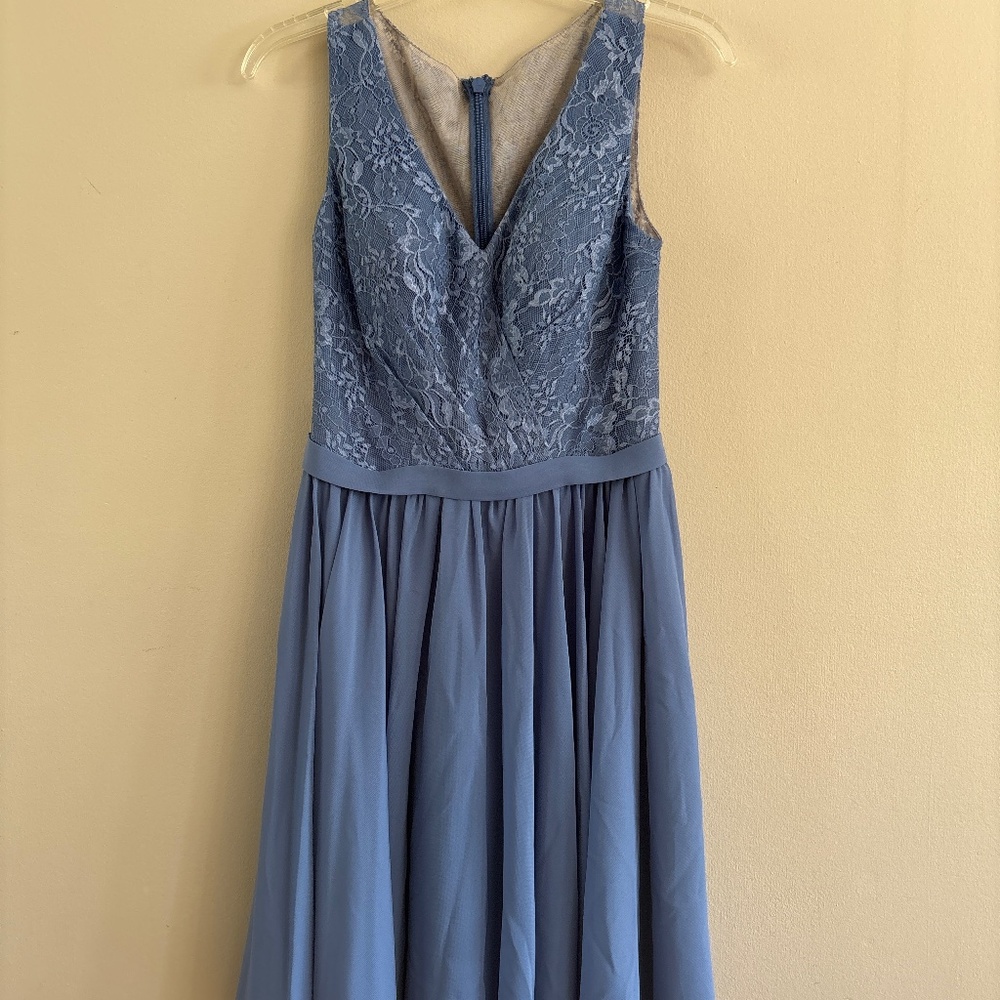 NWT JJ’s House slate blue knee length lace and chiffon dress